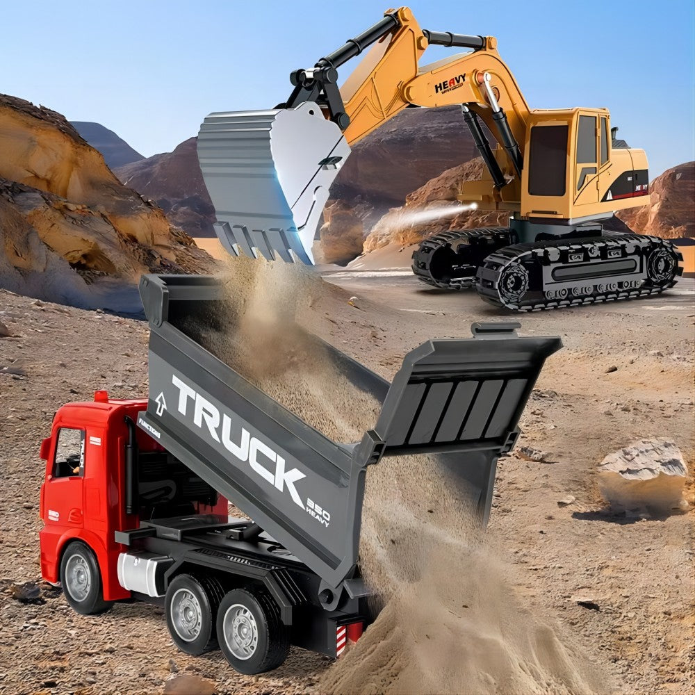 1:22 RC Excavator Dump Truck 2-in-1 Toy Set, 1 to 22 Scale RC Electronic Model, 6-Channel, 12m Remote Control Distance, 3.7V, 500mAh Lithium Battery, Toys for Children