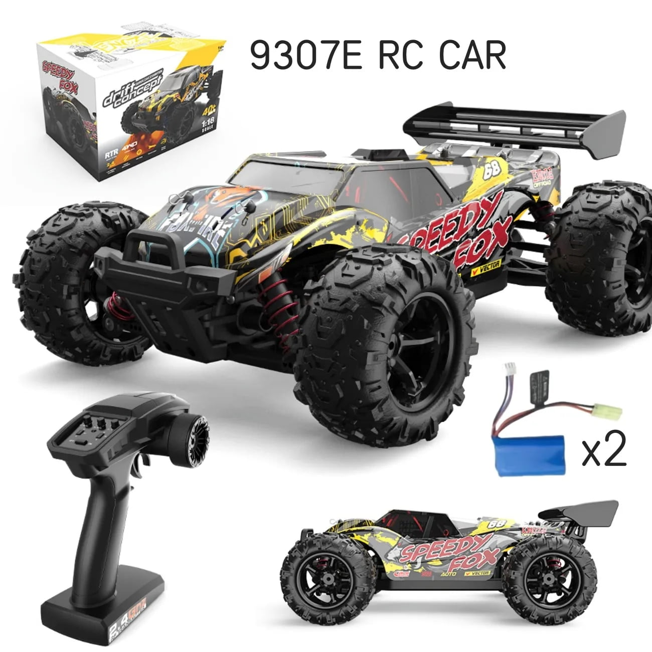 SKYMONSTER 9307E High Speed Remote Control Car 40km/h 4WD off Road 1:18 RC Truck Racing Vehicle for Adults and Kids 2 Batteries Yellow