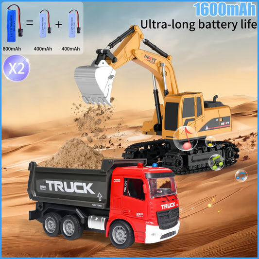 1:22 RC Excavator Dump Truck 2-in-1 Toy Set, 1 to 22 Scale RC Electronic Model, 6-Channel, 12m Remote Control Distance, 3.7V, 500mAh Lithium Battery, Toys for Children