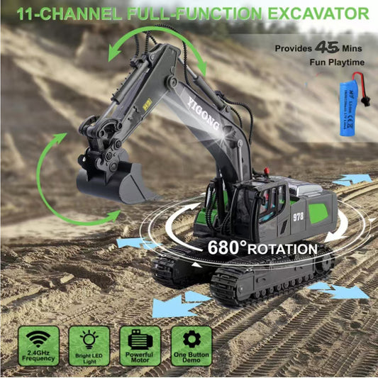 XITZ 1:20 Remote Control Excavator,11 Channel RC Construction Vehicles Toys,2.4Ghz 680° Rotation Sand Digger Truck with Metal Shovel ,for Boys Kids Age 6+ Year Old