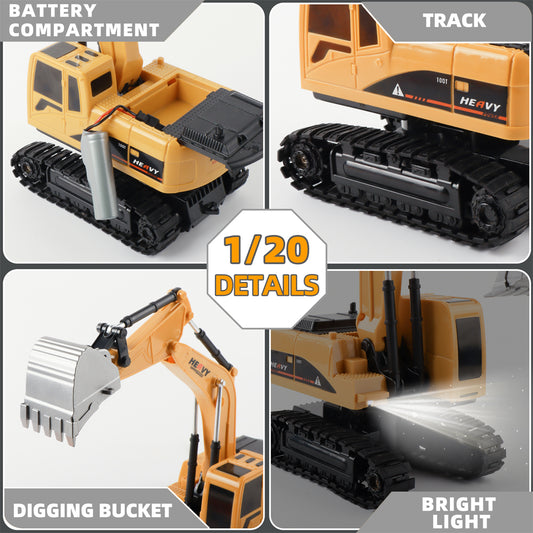 2 in 1 Remote Control Engineering Vehicle for Kids, 1:20 RC Excavator with Lights & Sound, and Rechargeable Dump Truck Toy,for Age 3+ Boys Girls