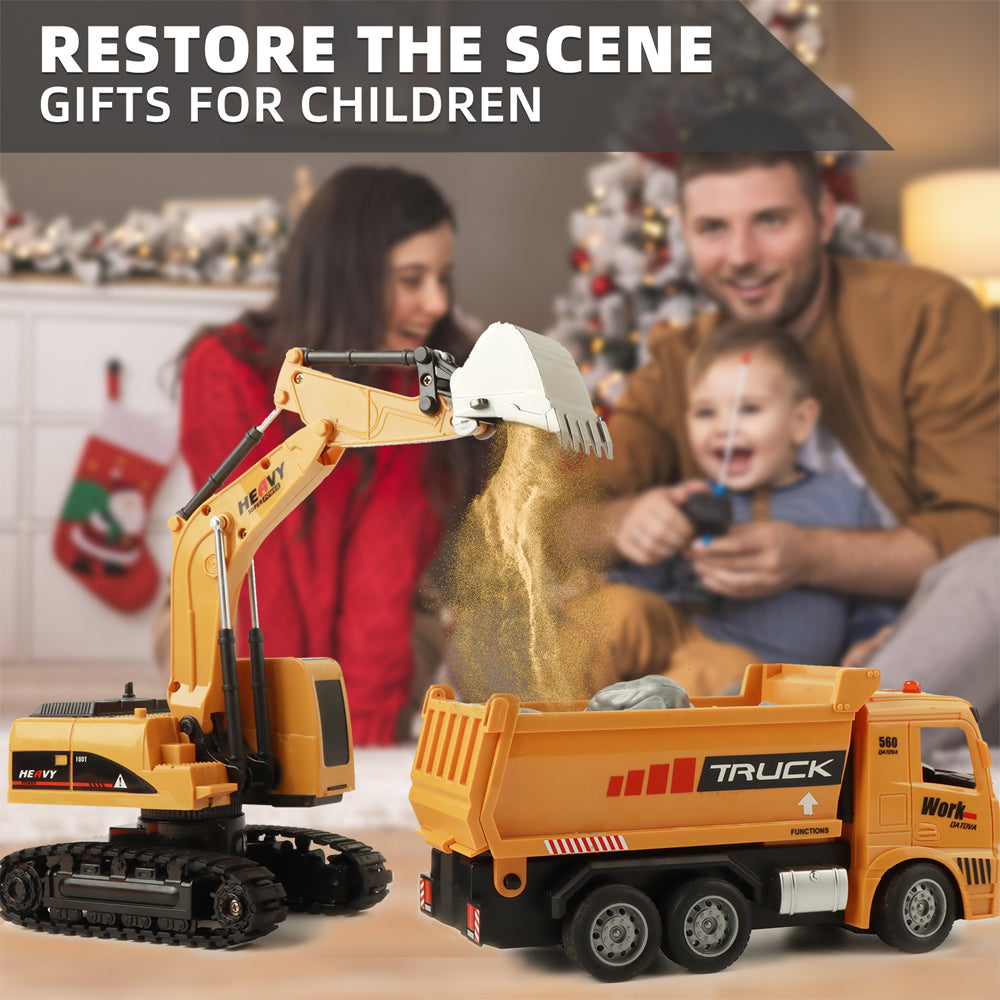2 in 1 Remote Control Engineering Vehicle for Kids, 1:20 RC Excavator with Lights & Sound, and Rechargeable Dump Truck Toy,for Age 3+ Boys Girls