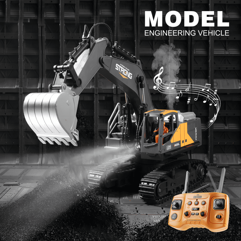 RC Excavator Toy for Boys, 16 Channel 2.4G, 680 Degree, Simulate Smoke and Lighting, 50 Meters Remote Control Distance, Toys for Children, Christmas Gifts