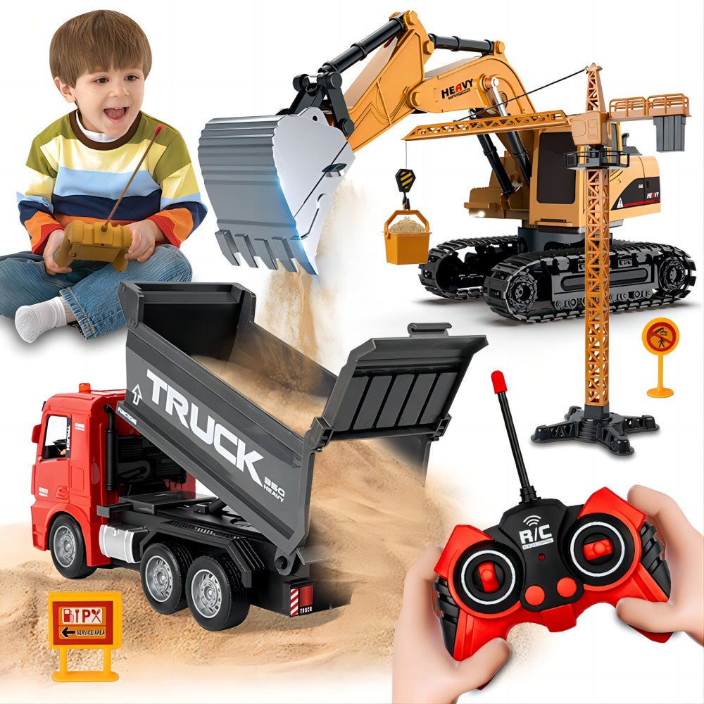 SKYMONSTER 1:22 6-Channel RC Excavator with Light, 6-Channel RC Dump Truck and Crane Tower 3 in 1, 2.4GHz 12 Meters Remote Control Distance, Toys for Children, Christmas Gifts