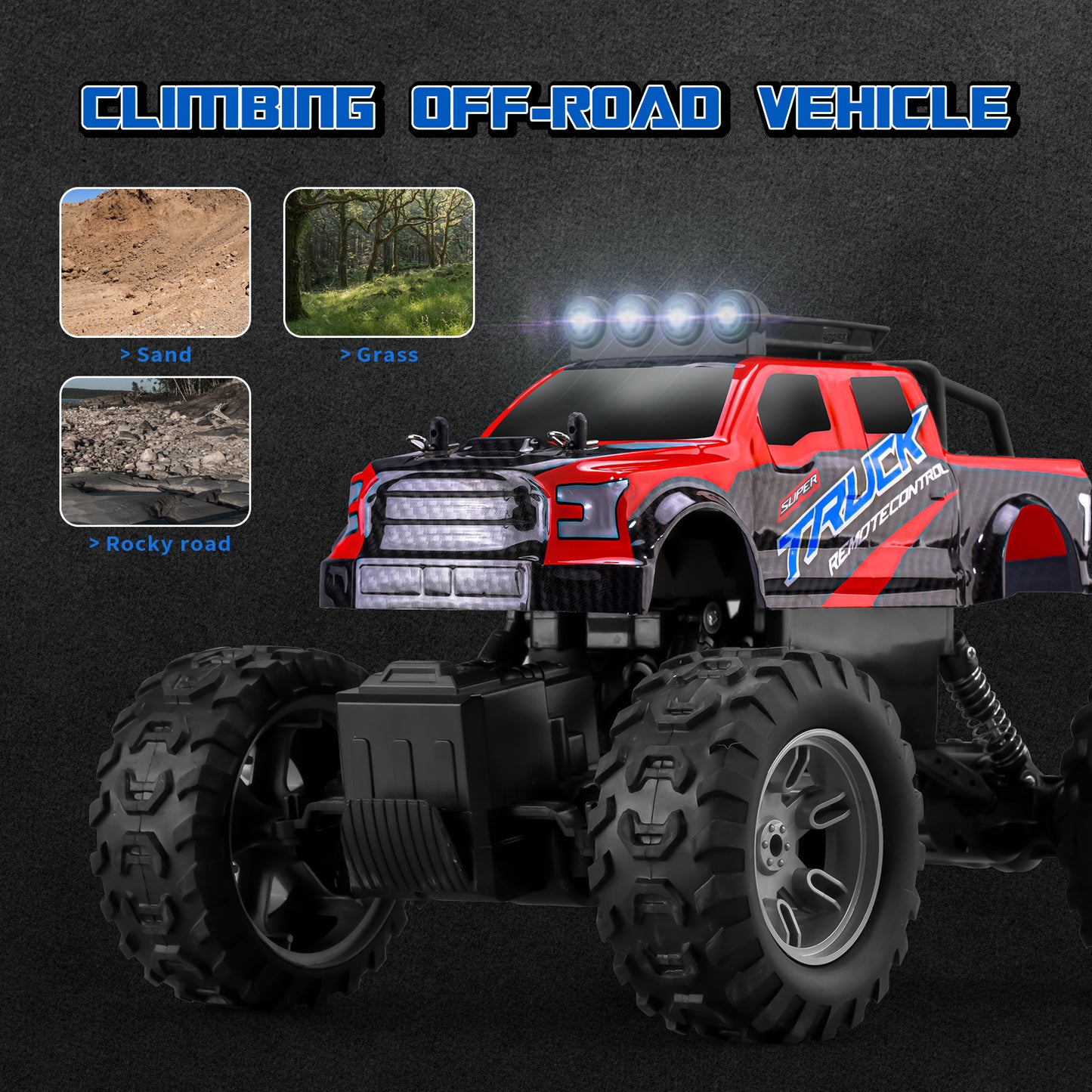 RC Car All Terrain 4WD Electric Vehicle with 2.4 GHz Remote Control, Climbing Off-Road Truck with LED Headlight and Two Rechargeable Batteries,Toys Gifts for Adults Boys