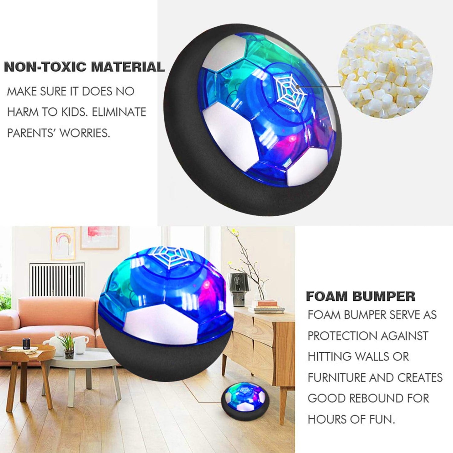 Hover Soccer Ball with LED Light and Foam Bumper Indoor Outdoor Toys Air Power Hover Ball Air Floating Soccer Ball for Kids