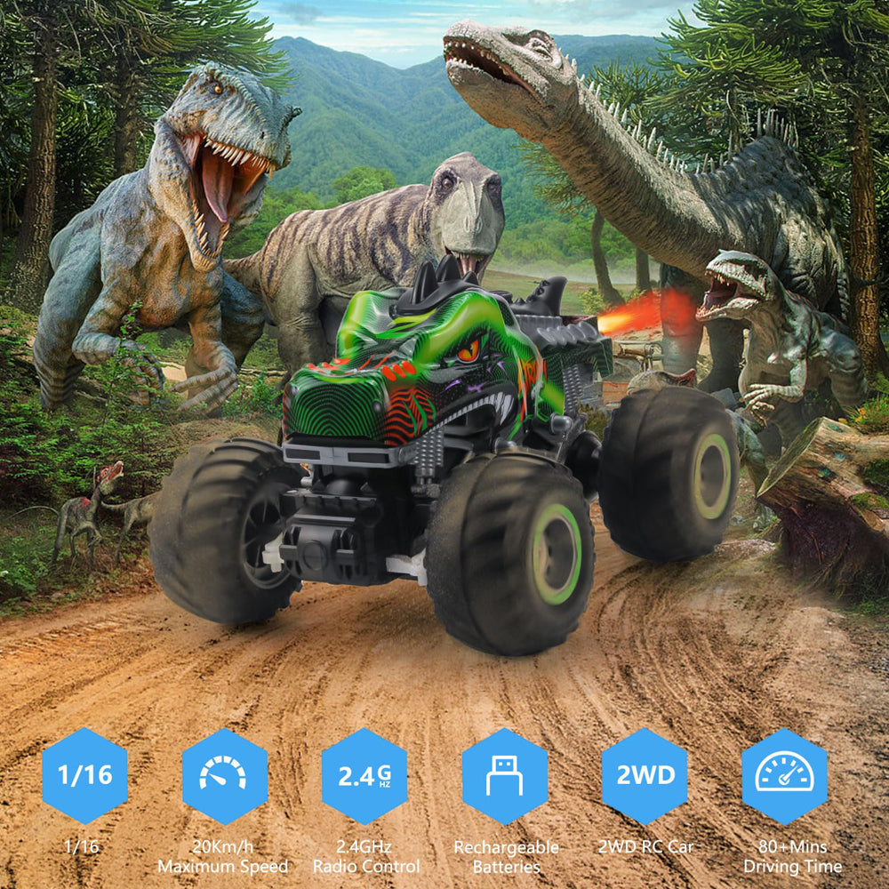 1:16 All Terrain Monster Truck, 2.4GHz Electric Stunt RC Car with Music Lights Spray,Remote Control Cars Toys for 8-12 Boys Girl Kids Gift,2 Batteries