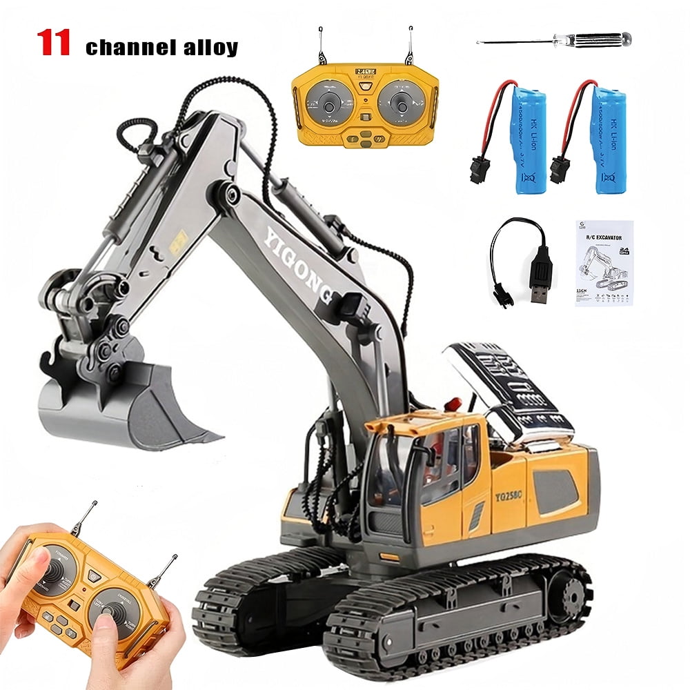 11 Channel Remote Control Excavator,1:20 RC Construction Vehicles Toys,2.4Ghz 680° Rotation Sand Digger Truck with Metal Shovel for Boys Kids Age 6+ Year Old, 2 Batteries