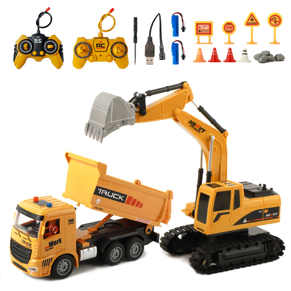 2 in 1 Remote Control Engineering Vehicle for Kids, 1:20 RC Excavator with Lights & Sound, and Rechargeable Dump Truck Toy,for Age 3+ Boys Girls