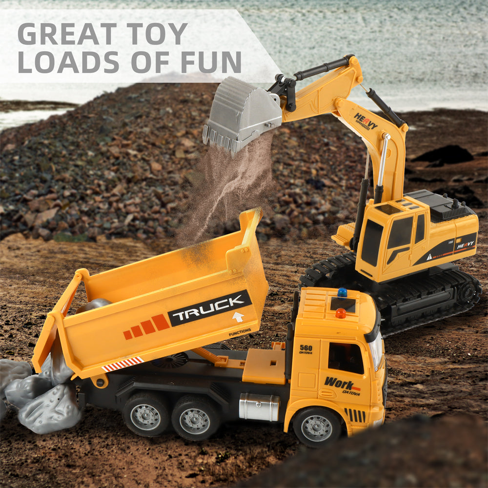 2 in 1 Remote Control Engineering Vehicle for Kids, 1:20 RC Excavator with Lights & Sound, and Rechargeable Dump Truck Toy,for Age 3+ Boys Girls