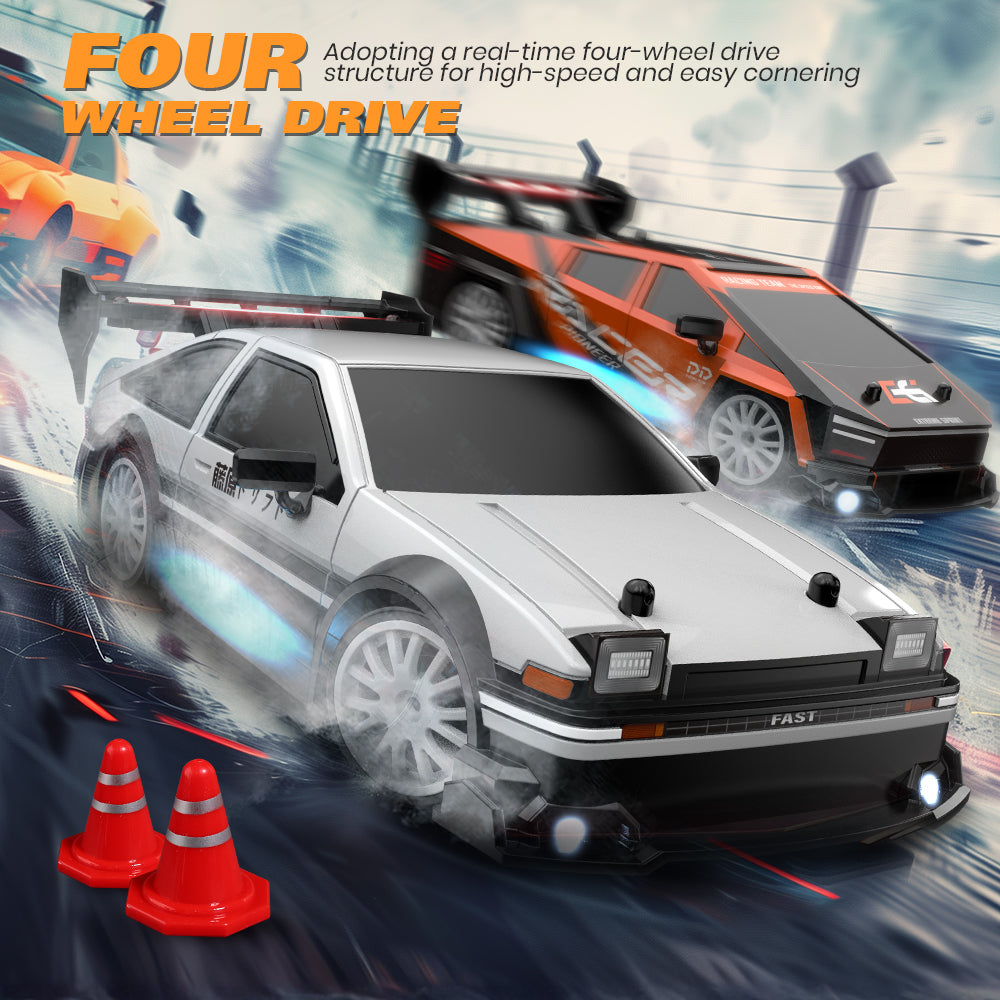 1:24 RC Car 4 Wheel Drive Remote Drift Car RCAE86 20KM/H+ High Speed Racing, 2.4G, PVC Shell, Gun Shaped Remote Control, 4 Roadblocks and High-speed Tires, Christmas Gifts for Adults Kids