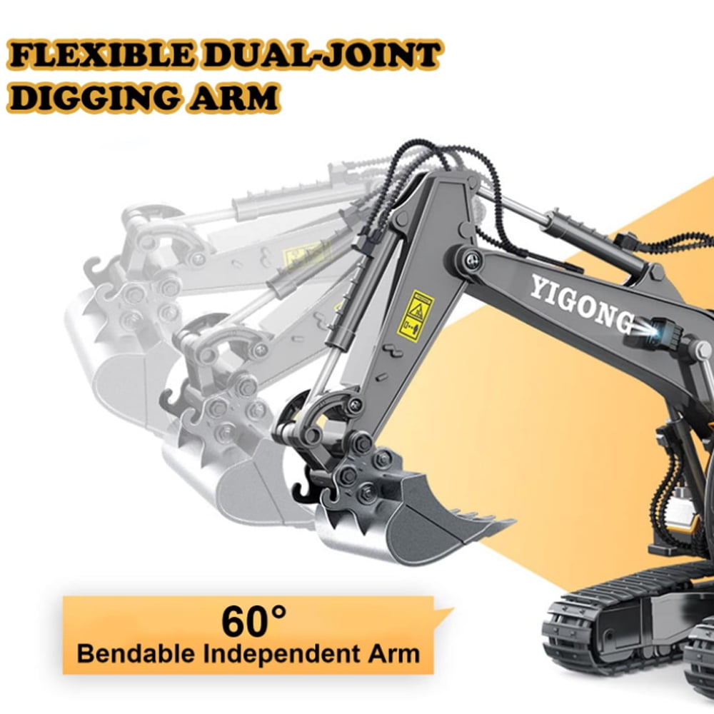 11 Channel Remote Control Excavator,1:20 RC Construction Vehicles Toys,2.4Ghz 680° Rotation Sand Digger Truck with Metal Shovel for Boys Kids Age 6+ Year Old, 2 Batteries