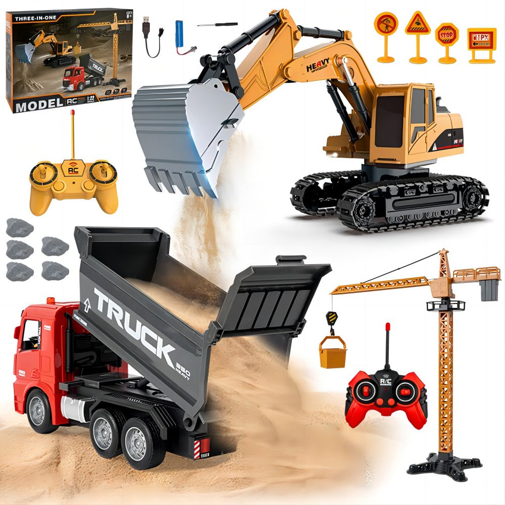 TZDZRC 1:22 6-Channel RC Excavator with Light, 6-Channel RC Dump Truck and Crane Tower 3 in 1, 2.4GHz 12 Meters Remote Control Distance, Toys for Children
