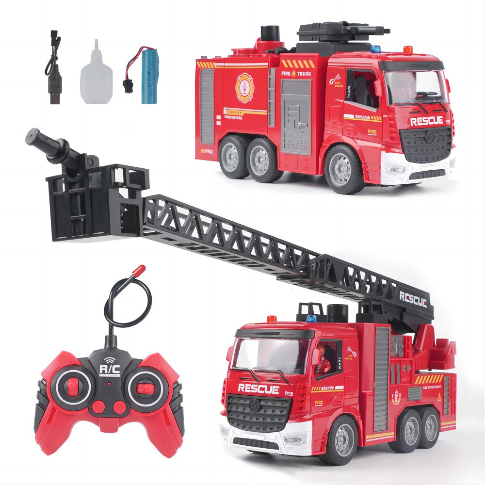 1:20 RC Water Tank Fire Truck and Cloud Ladder Fire Truck 2-in-1, 6-Channel, Manually Press to Spray Water, Light+Music, 12 Meters Remote Control Distance, Toys for Children, Christmas Gifts