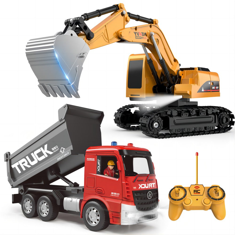 1:22 RC Excavator Dump Truck 2-in-1 Toy Set, 1 to 22 Scale RC Electronic Model, 6-Channel, 12m Remote Control Distance, 3.7V, 500mAh Lithium Battery, Toys for Children