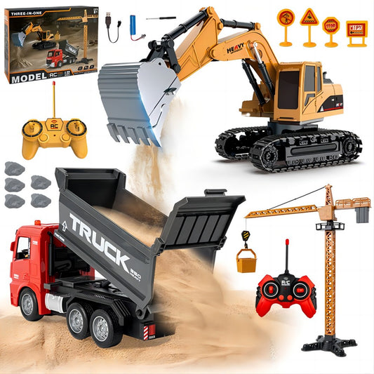 SKYMONSTER 1:22 6-Channel RC Excavator with Light, 6-Channel RC Dump Truck and Crane Tower 3 in 1, 2.4GHz 12 Meters Remote Control Distance, Toys for Children, Christmas Gifts