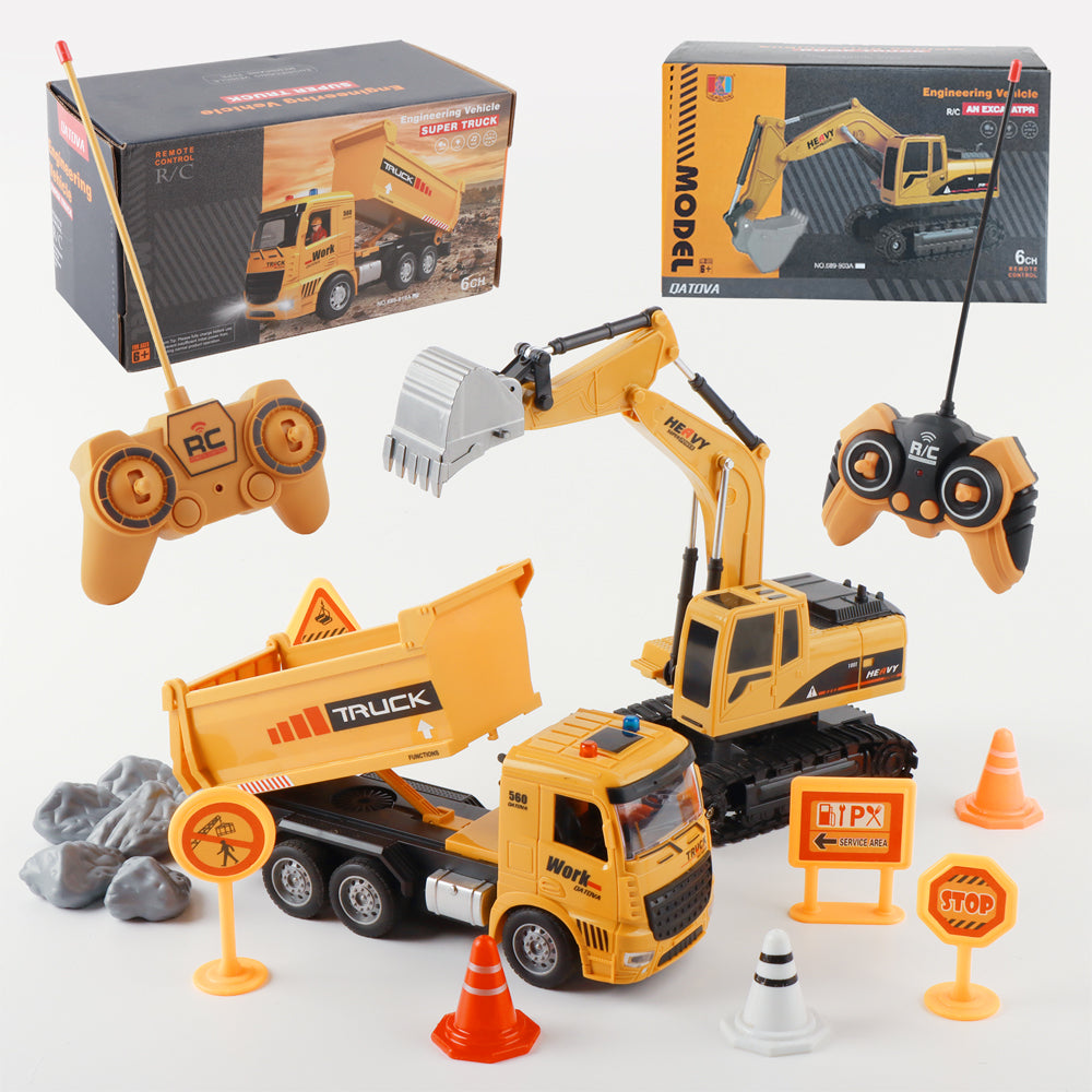 2 in 1 Remote Control Engineering Vehicle for Kids, 1:20 RC Excavator with Lights & Sound, and Rechargeable Dump Truck Toy,for Age 3+ Boys Girls