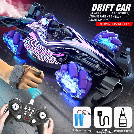 2.4G RC Spray Drift Stunt Car,4WD Racing Car High Speed Vehicle,Dual Gesture Remote Control,4CH Lights Sound,Competitive Toys for Kids Boy Gift