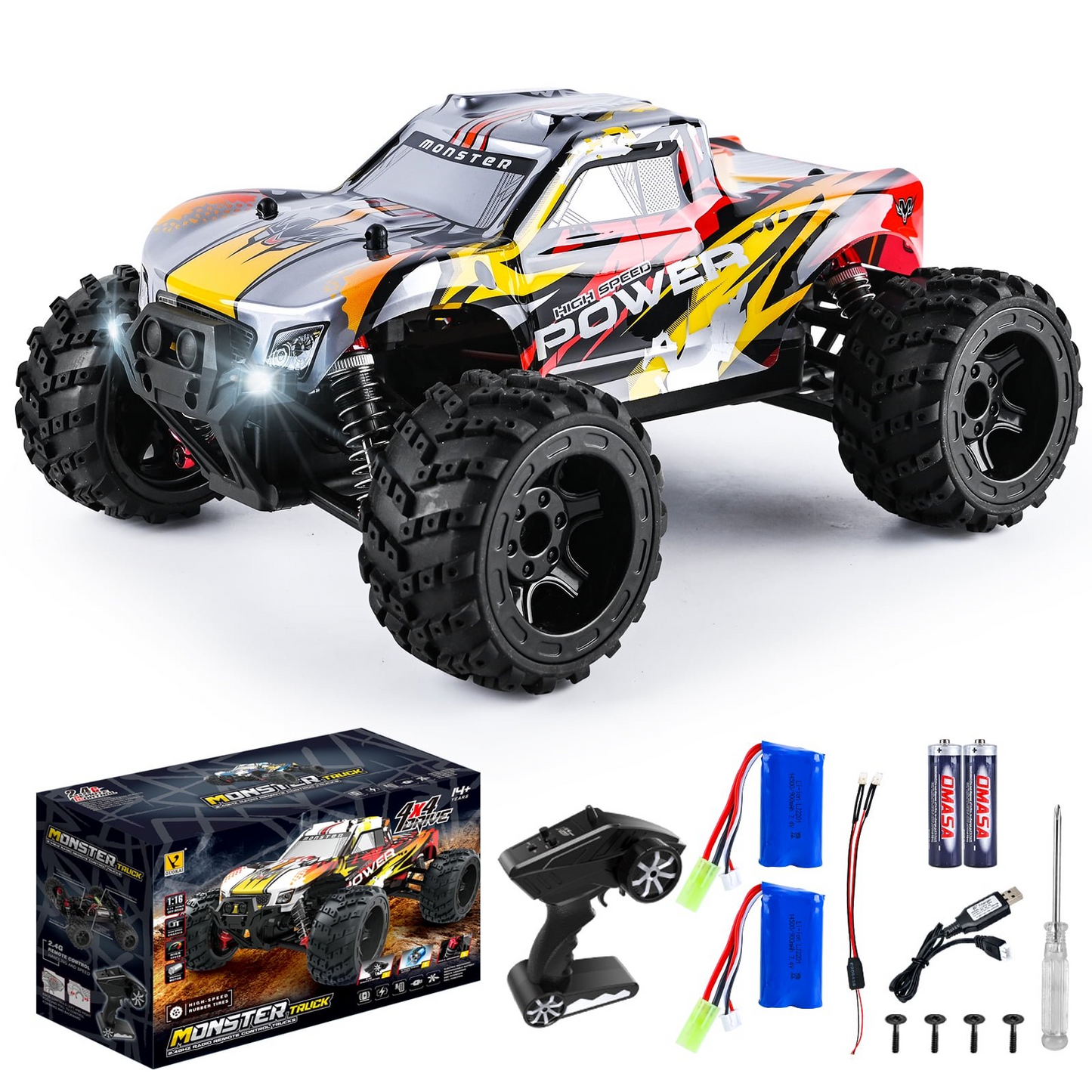 1610 High-Speed 4WD Monster RC Truck, USB Rechargeable Weather-Resistant Off-Road & All-Terrains Ready to Run, Red (No ratings yet)