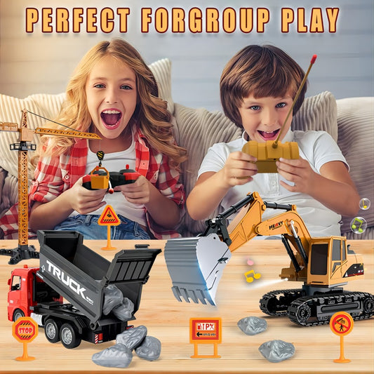 TZDZRC 1:22 6-Channel RC Excavator with Light, 6-Channel RC Dump Truck and Crane Tower 3 in 1, 2.4GHz 12 Meters Remote Control Distance, Toys for Children