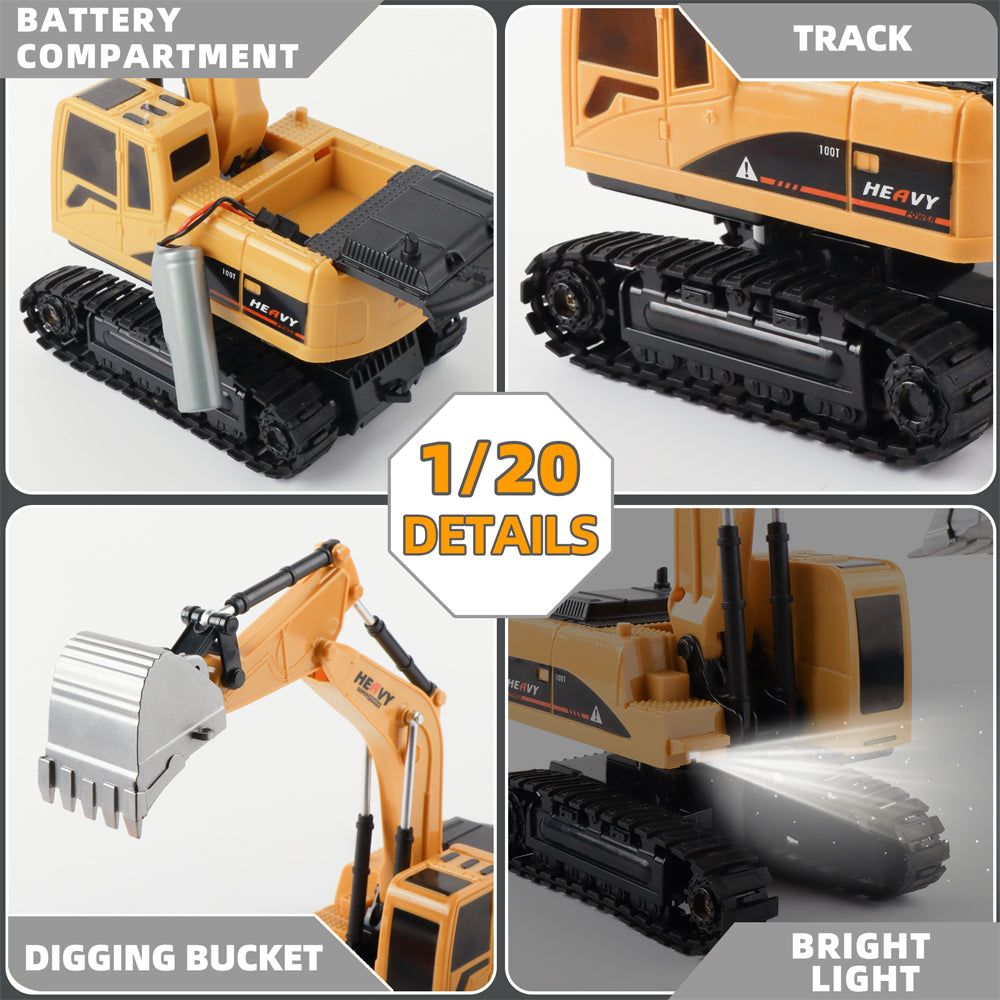 2 in 1 Remote Control Engineering Vehicle for Kids, 1:20 RC Excavator with Lights & Sound, and Rechargeable Dump Truck Toy,for Age 3+ Boys Girls