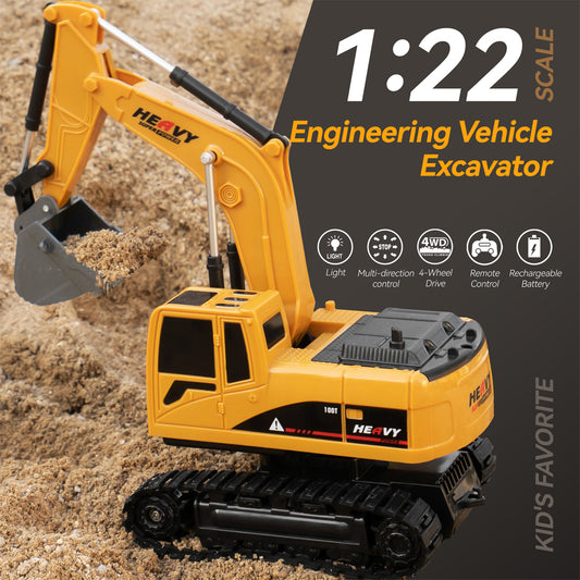 Remote Control Excavator Toys for Boys Girls, 6 Channel RC Construction Truck with Light, 4WD Power, 2 Rechargeable Battery,Birthday Gifts for Age 3+ Kids