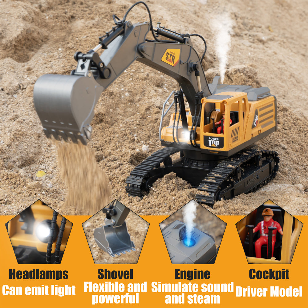 SKYMONSTER Remote Control Excavator for Kids,2.4GHz 14 Channel RC Digger with Lights & Sound,680° Rotating Sand Digging Construction Vehicle Toy,for Age 3+ Boys Girls