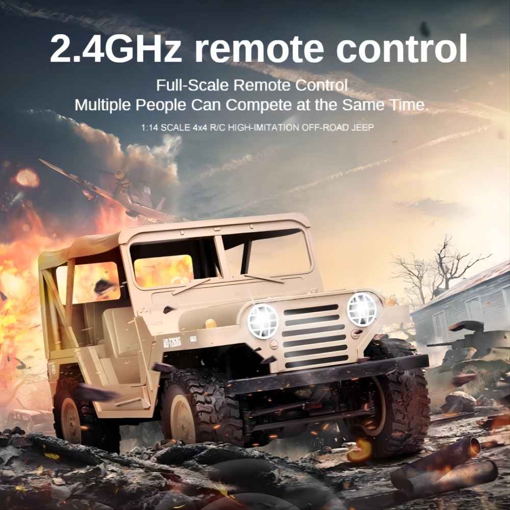 1:14 RC 4WD Off Road Jeep, 2 LED Headlights, 2.4GHz All Terrain, 15+Km/h, 50 Meters RC Distance, 2G 5-Wire Servo, Remote Control Climbing Vehicle, Green