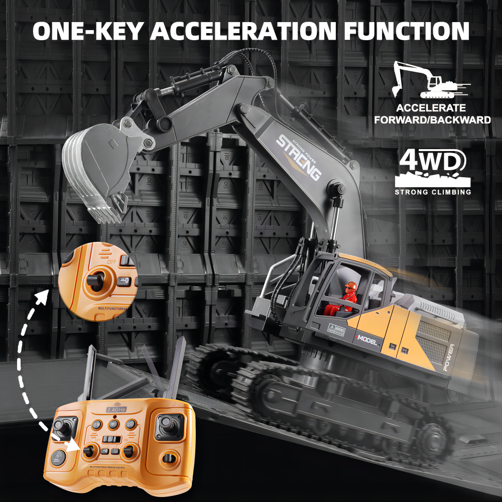 RC Excavator Toy for Boys, 16 Channel 2.4G, 680 Degree, Simulate Smoke and Lighting, 50 Meters Remote Control Distance, Toys for Children, Christmas Gifts