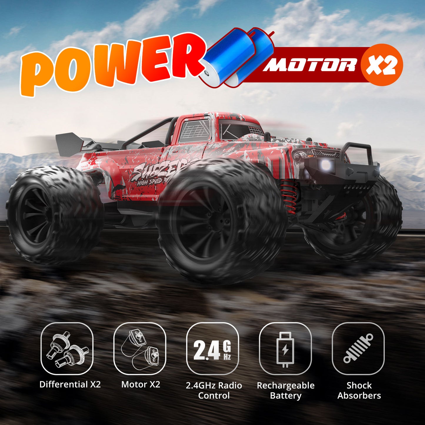9500E 1:16 High-Speed RC Car,40 km/h 4WD RC Racing Truck for Kids Adults,off-Road All Terrain Vehicle with 2 Rechargeable Battery,Red