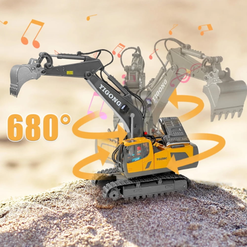 11 Channel Remote Control Excavator,1:20 RC Construction Vehicles Toys,2.4Ghz 680° Rotation Sand Digger Truck with Metal Shovel for Boys Kids Age 6+ Year Old, 2 Batteries