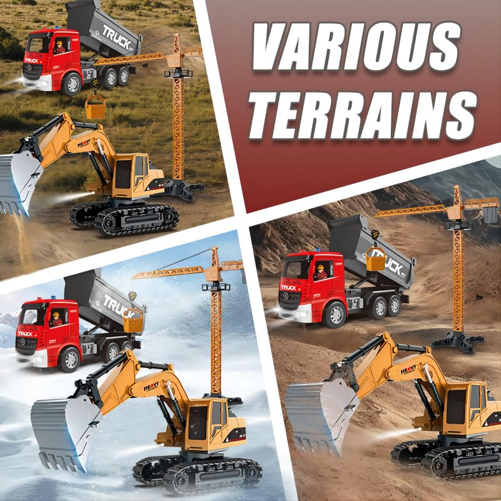 TZDZRC 1:22 6-Channel RC Excavator with Light, 6-Channel RC Dump Truck and Crane Tower 3 in 1, 2.4GHz 12 Meters Remote Control Distance, Toys for Children