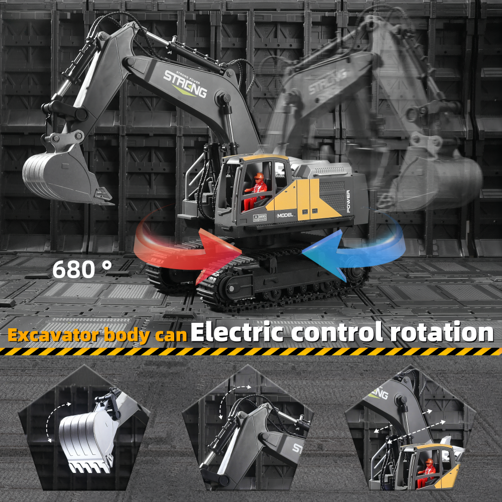 RC Excavator Toy for Boys, 16 Channel 2.4G, 680 Degree, Simulate Smoke and Lighting, 50 Meters Remote Control Distance, Toys for Children, Christmas Gifts