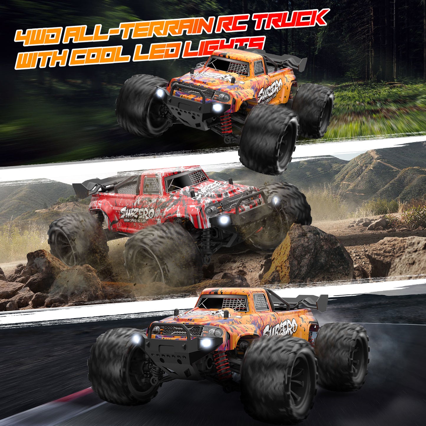 9500E 1:16 High-Speed RC Car,40 km/h 4WD RC Racing Truck for Kids Adults,off-Road All Terrain Vehicle with 2 Rechargeable Battery,Red
