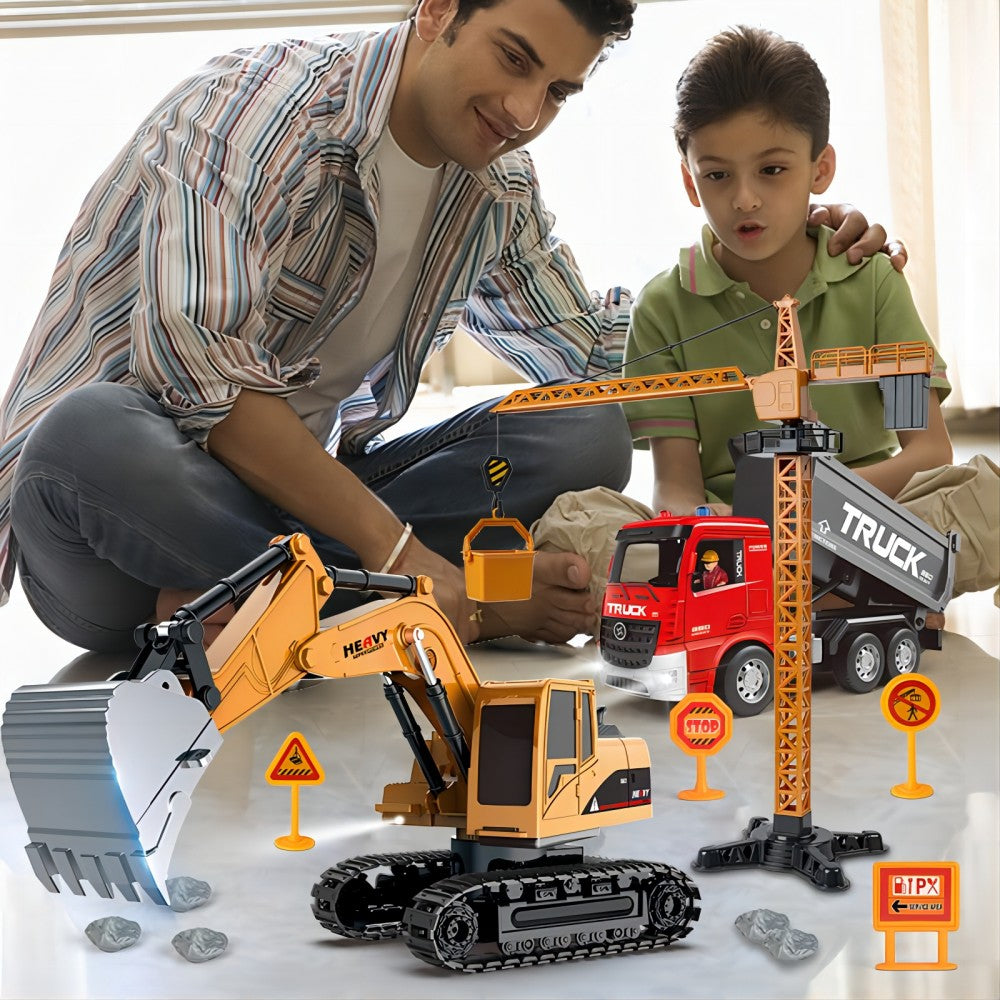 SKYMONSTER 1:22 6-Channel RC Excavator with Light, 6-Channel RC Dump Truck and Crane Tower 3 in 1, 2.4GHz 12 Meters Remote Control Distance, Toys for Children, Christmas Gifts