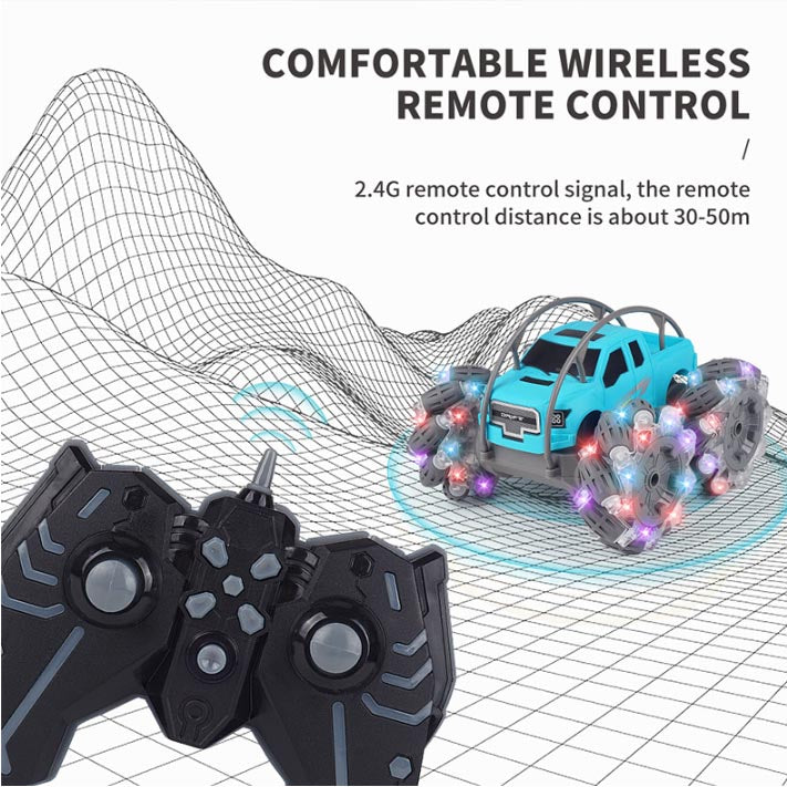 2.4G RC Horizontal Drift Stunt Car with Cool Light, Degree Rotation, 45 Degree Slope Climbing, Spin like a Top, Traverasble Climbing Car, Blue