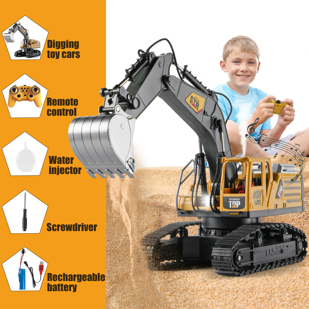 SKYMONSTER Remote Control Excavator for Kids,2.4GHz 14 Channel RC Digger with Lights & Sound,680° Rotating Sand Digging Construction Vehicle Toy,for Age 3+ Boys Girls