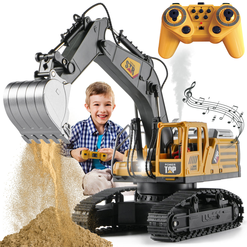 SKYMONSTER Remote Control Excavator for Kids,2.4GHz 14 Channel RC Digger with Lights & Sound,680° Rotating Sand Digging Construction Vehicle Toy,for Age 3+ Boys Girls