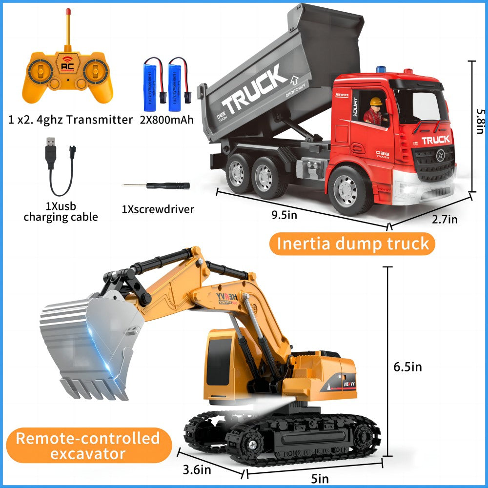 1:22 RC Excavator Dump Truck 2-in-1 Toy Set, 1 to 22 Scale RC Electronic Model, 6-Channel, 12m Remote Control Distance, 3.7V, 500mAh Lithium Battery, Toys for Children