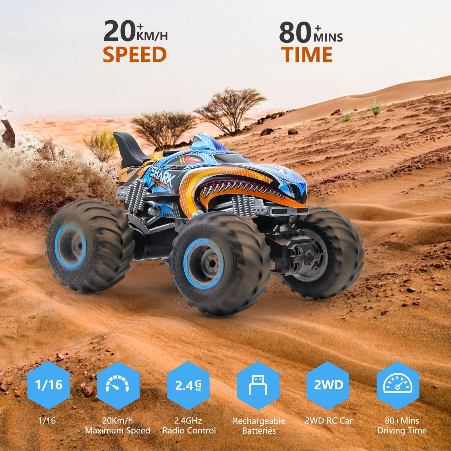 Remote Control Monster Truck, 2.4GHz All Terrain Remote Control Monster Cars, 1:16 Monster Truck RC Trucks, Remote Monster Car with Spray Music and Light for Boys Kids