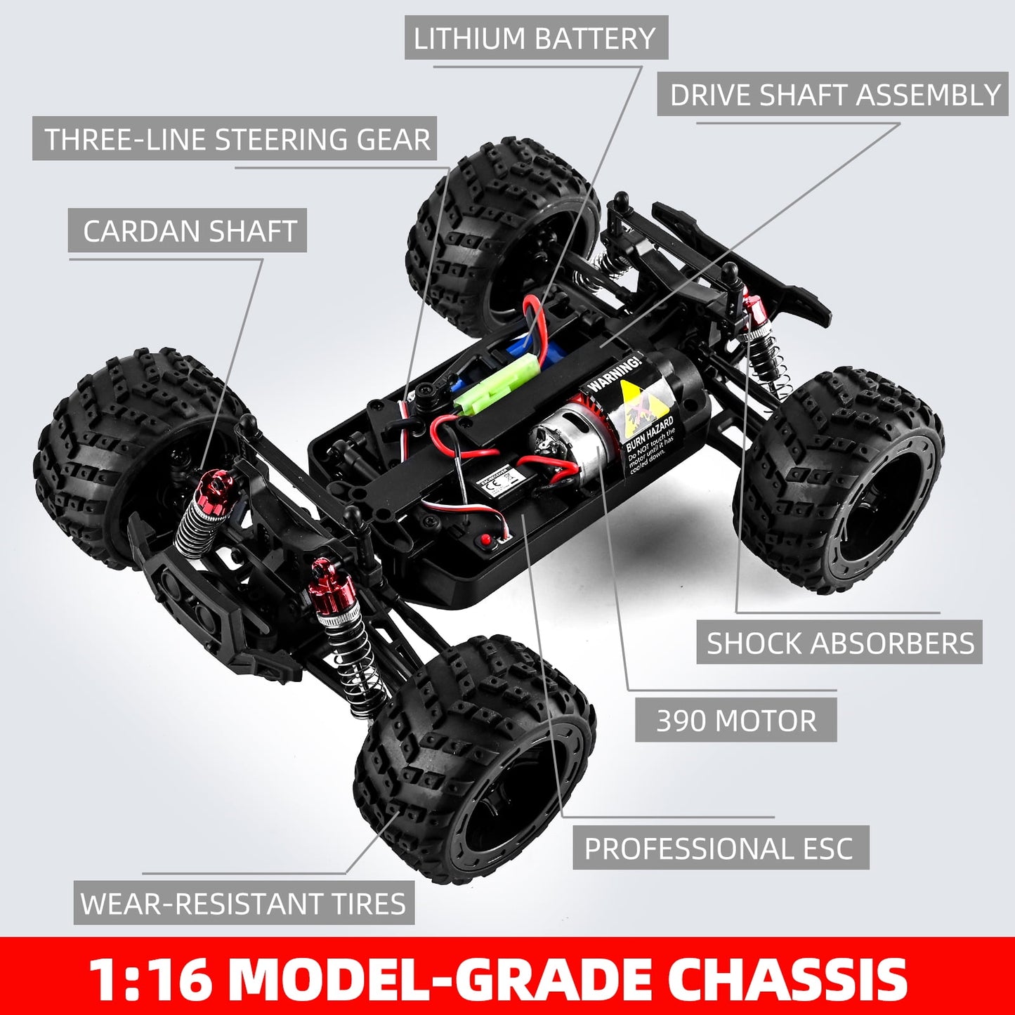 1610 High-Speed 4WD Monster RC Truck, USB Rechargeable Weather-Resistant Off-Road & All-Terrains Ready to Run, Red
