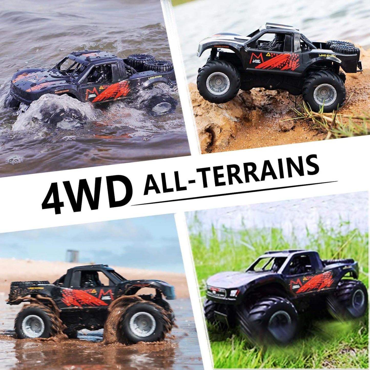 Amphibious Remote Control Car Truck Toys, 1:16 All Terrain 4WD Off-Road RC Car Waterproof, RC Monster Truck for Boys/Girls, Kids Pool Toys Gifts,Red Color 2 Batteries