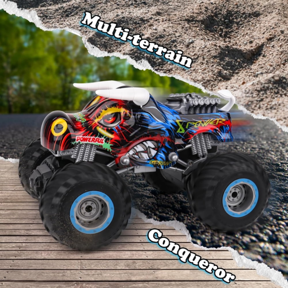 1:16 Remote Control Monster Trucks,2.4 GHz Multi-Terrain Off-Road Cars with Music Lights Spray,for Boys Ages 4-7 8-13 Kids Christmas and Birthday Gift Toy RC Car