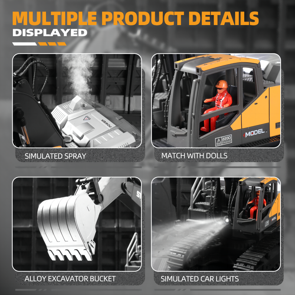 RC Excavator Toy for Boys, 16 Channel 2.4G, 680 Degree, Simulate Smoke and Lighting, 50 Meters Remote Control Distance, Toys for Children, Christmas Gifts