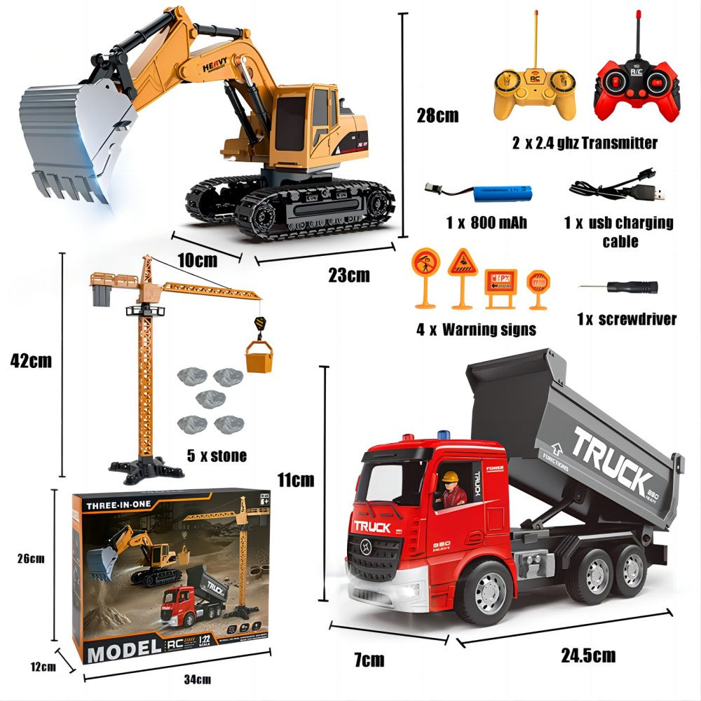 TZDZRC 1:22 6-Channel RC Excavator with Light, 6-Channel RC Dump Truck and Crane Tower 3 in 1, 2.4GHz 12 Meters Remote Control Distance, Toys for Children
