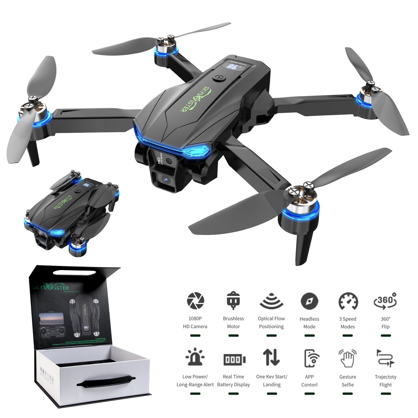 Falcon 1 RC Drone ,1080P High-Definition Camera, Brushless Motor, Optical Flow Positioning,2.4GHz , six axis gyroscope,for Childers and Adukts toys ,Gifts Box ,3 Battery