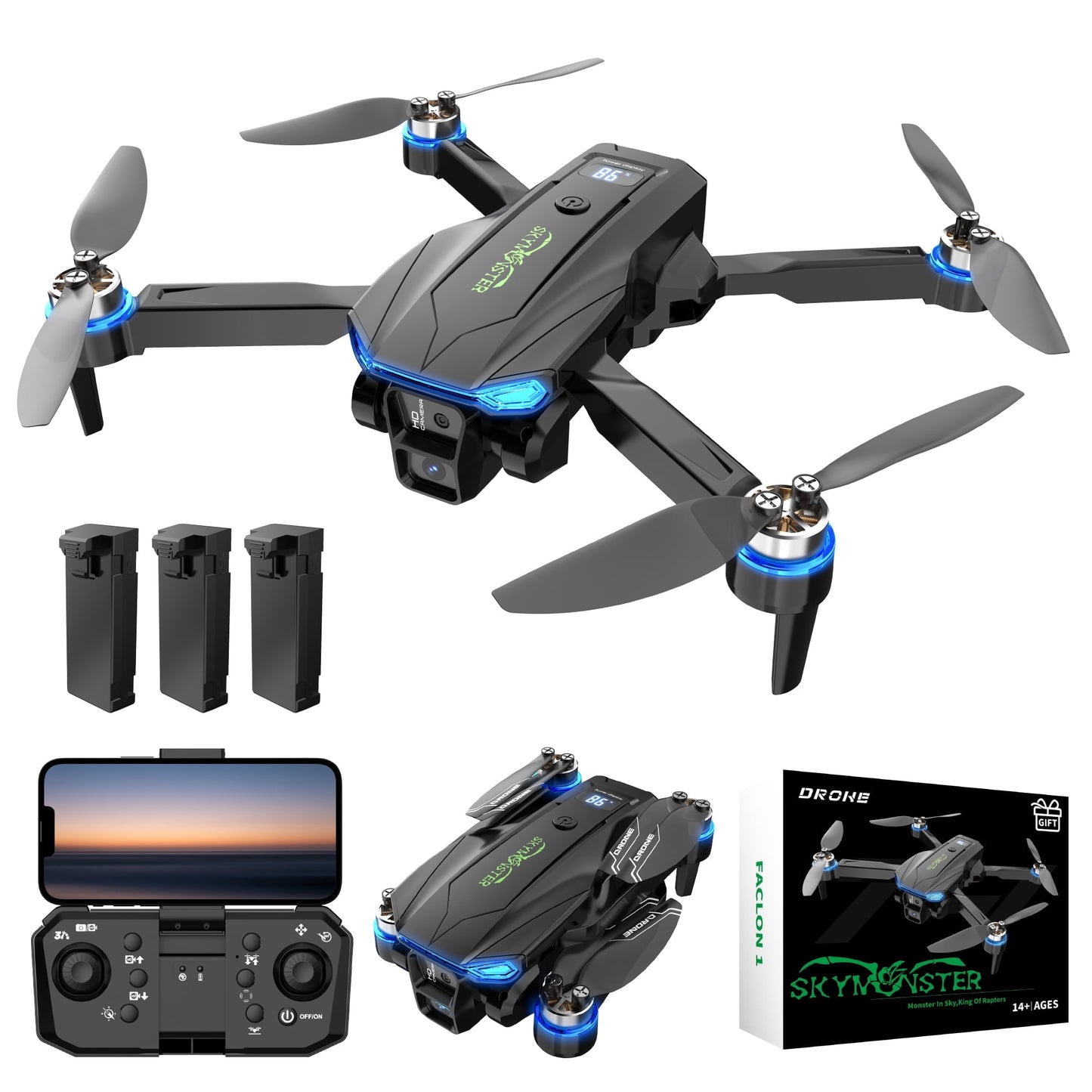 RC Drone ,1080P High-Definition Camera, Brushless Motor, Optical Flow Positioning, Low-Power/Remote Alarm, Real-Time Battery Display, for Childers and Adukts toys,3 Battery,Black