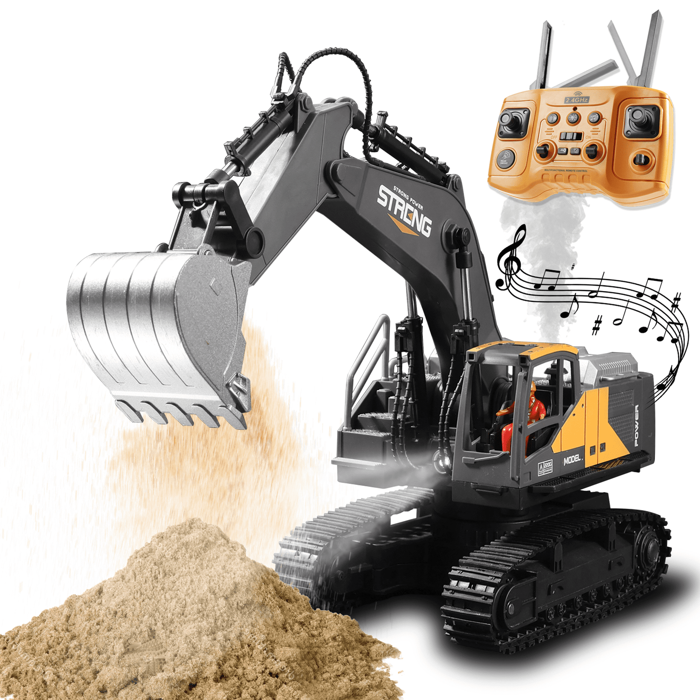 RC Excavator Toy for Boys, 16 Channel 2.4G, 680 Degree, Simulate Smoke and Lighting, 50 Meters Remote Control Distance, Toys for Children, Christmas Gifts