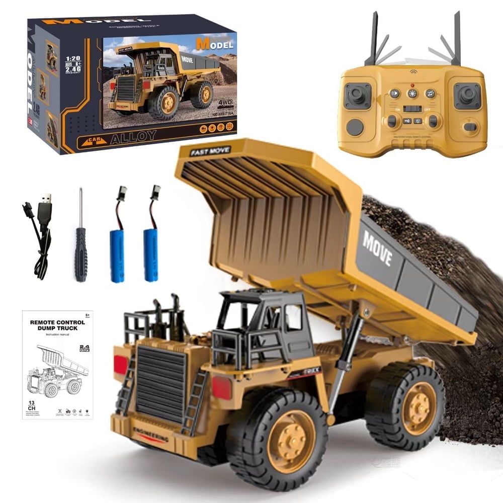 Remote Control Dump Truck Toys,13 Channel 4WD RC Construction Toy Vehicles with Sounds & Lights, 2 Batteries,Christmas Birthday Gifts for Boys Kids Age 3+