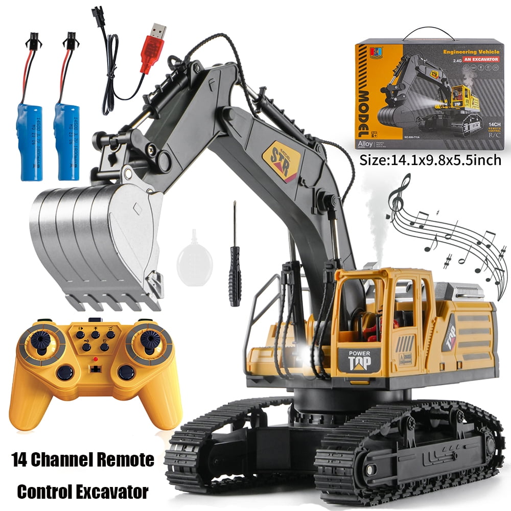 TZDZRC 14 Channel Remote Control Excavator,1:14 2.4GHz RC Digger with Lights & Sound,680° Rotating Spray Digging Construction Vehicle Toy,for Age 3+ Kids